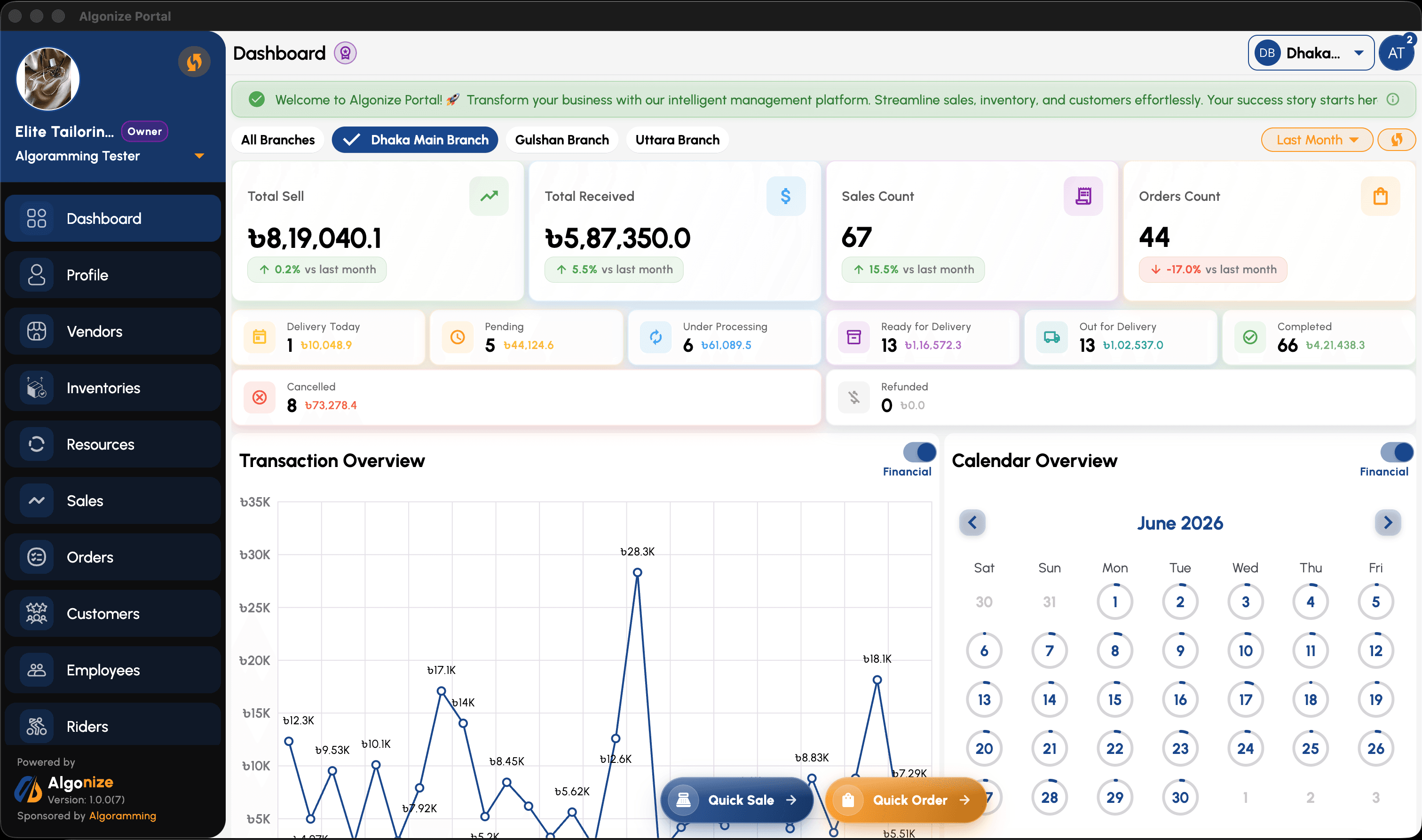Algonize Merchant Portal dashboard showing real-time sales analytics, multi-branch inventory and POS operations
