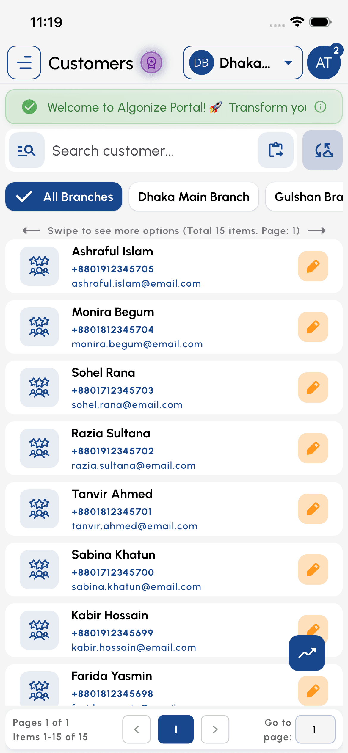 Algonize salon client profile with visit history, bookings and loyalty balance