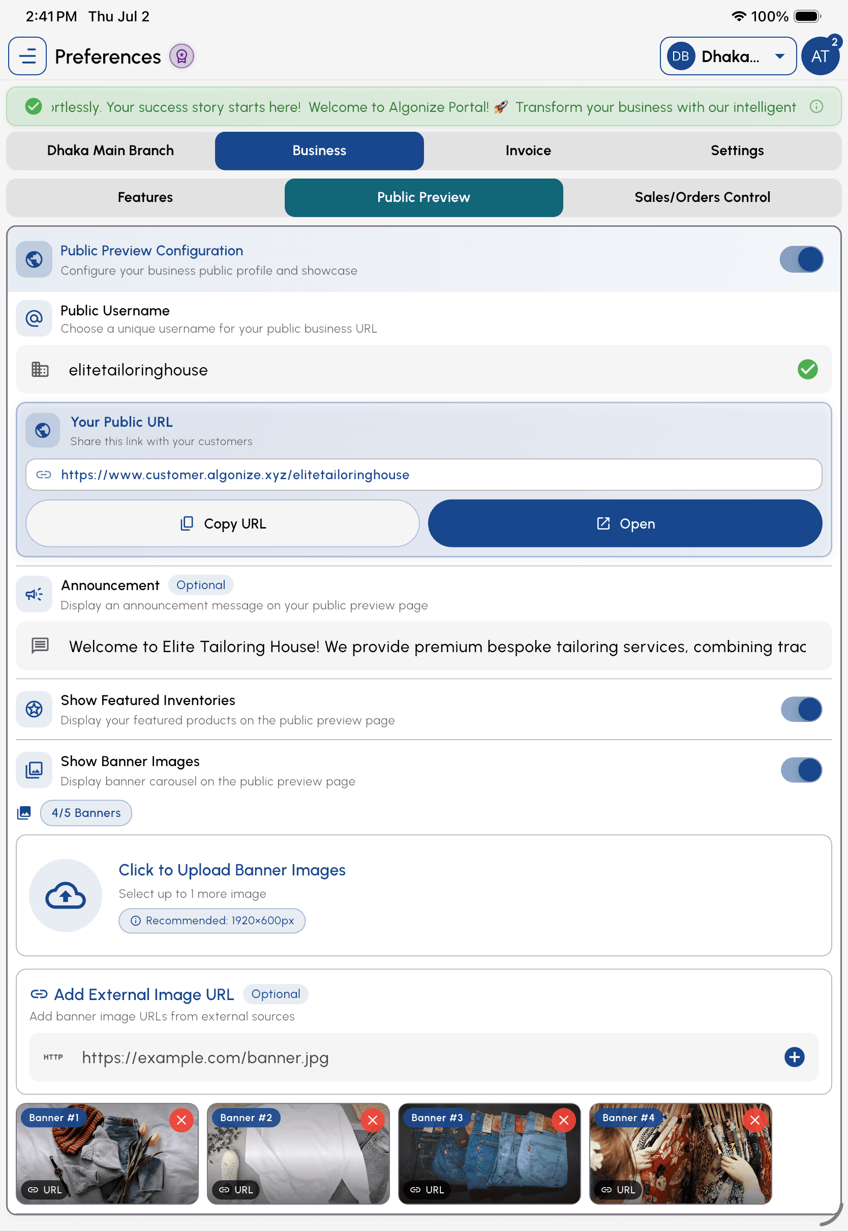 Algonize public storefront page builder with banners and custom URL