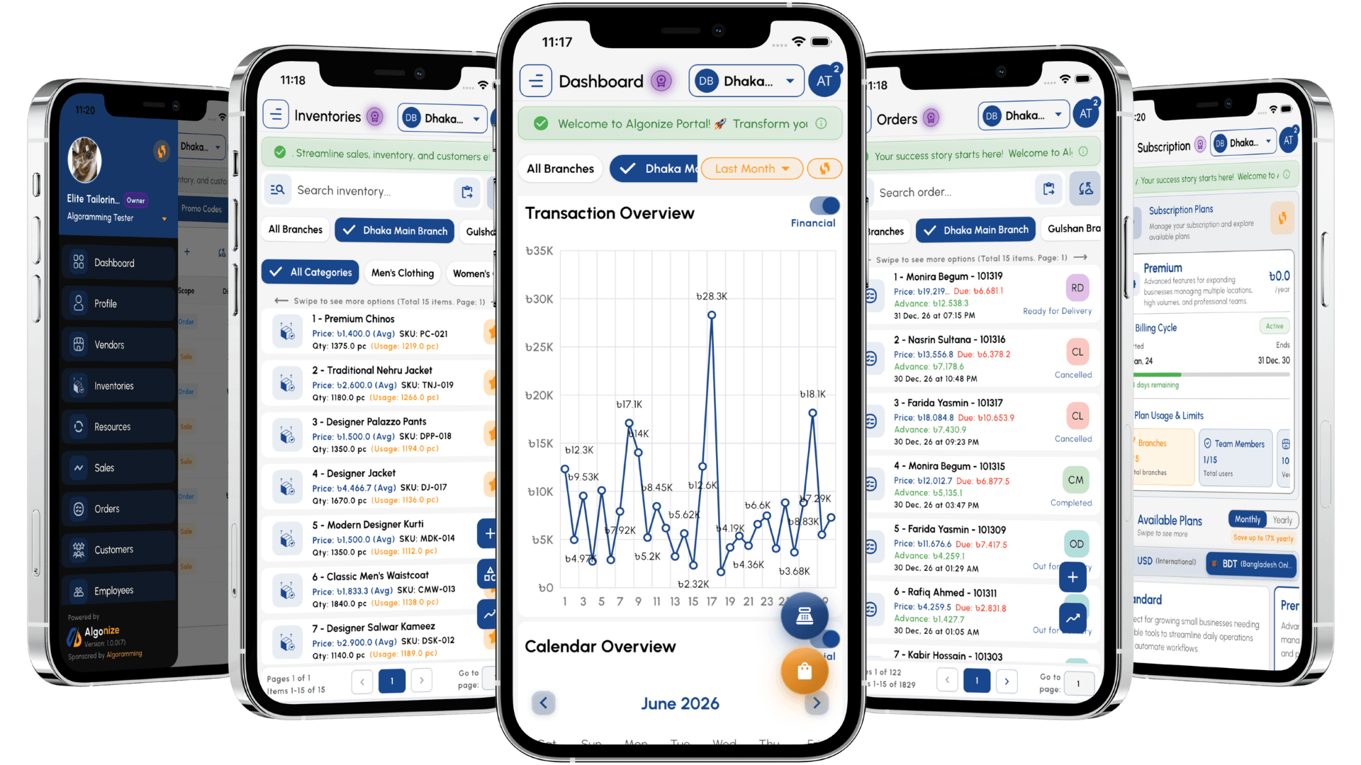 Algonize mobile ecosystem, Merchant Portal, Customer App and Rider App on Android and iOS devices