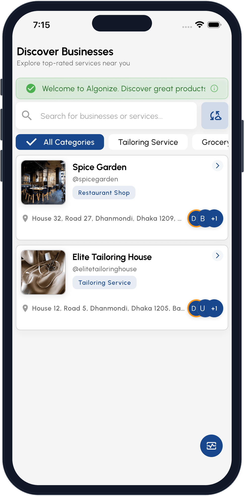Algonize Customer app discover screen listing a tailoring service business in Dhaka